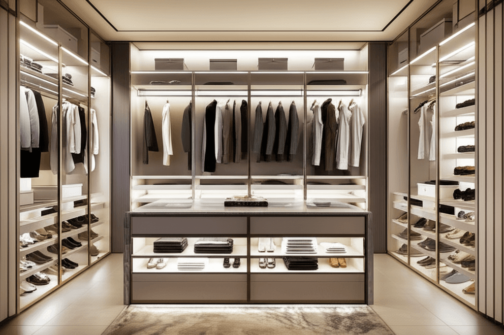 A modern dark-toned premium walk-in closet with custom shelving and integrated lighting